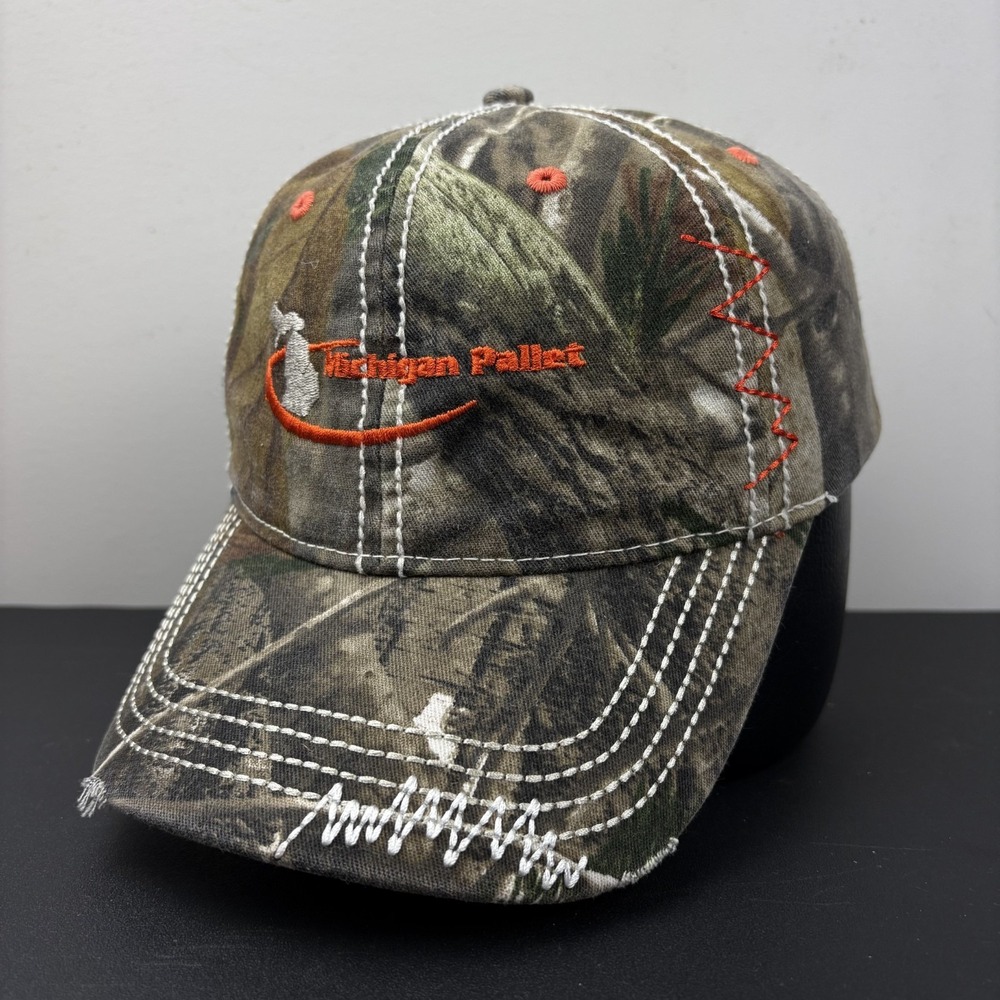 Michigan Pallet RealTree Camo Distressed Orange Stitch Strapback Hat Work Cap